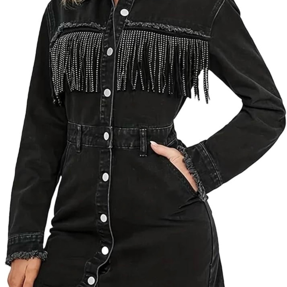 Medium petite Black Denim Dress with Fringe
